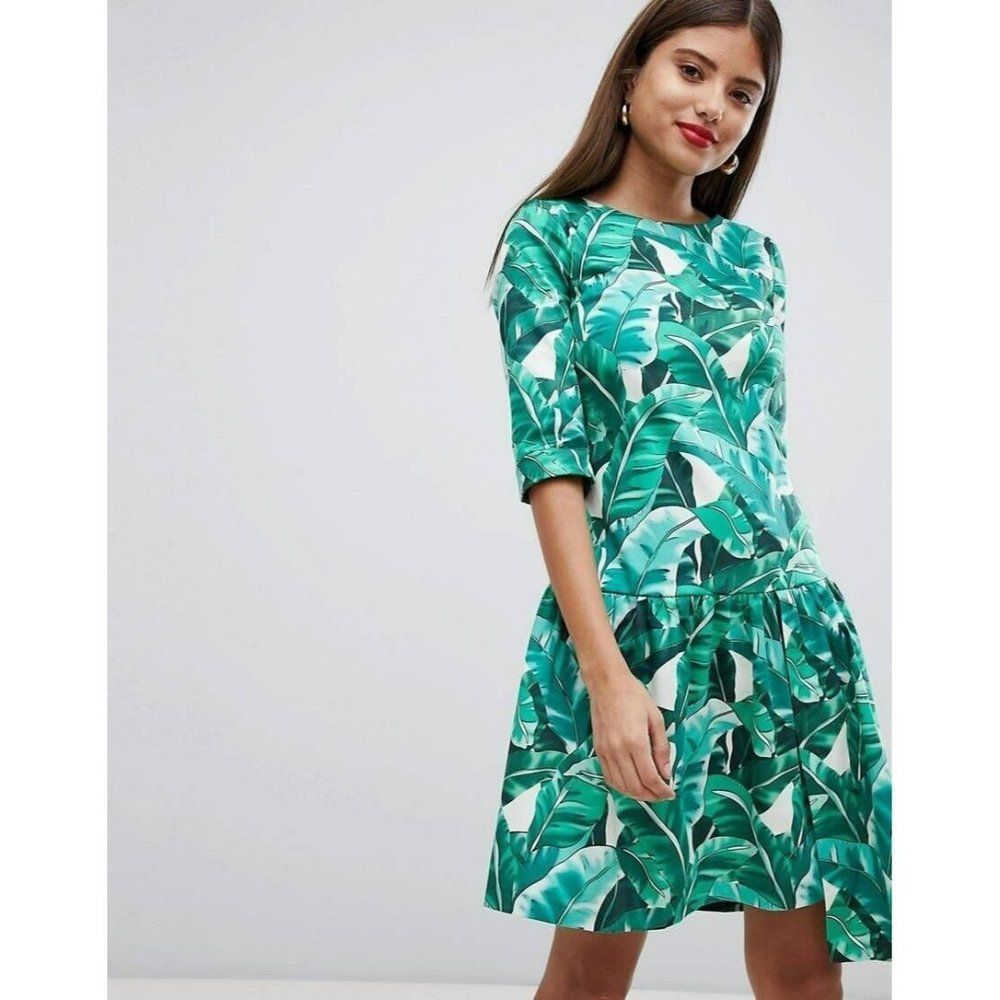 ASOS CLOSET LONDON TROPICAL GREEN & WHITE LEAF LEAVES DRESS BREATHLESS Sz 6